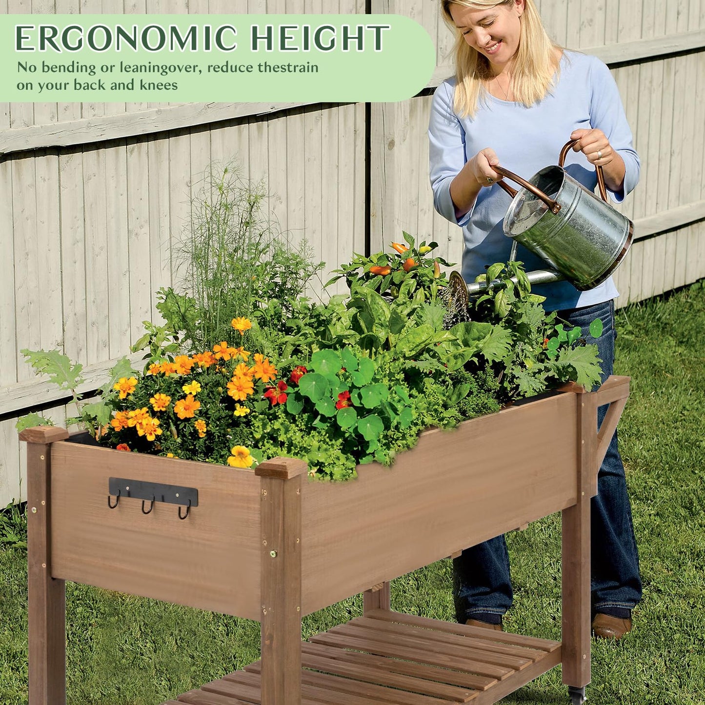 Raised Garden Bed Outdoor with Lockable Wheels, 55"x 24" x 33" Elevated Wood Planter Box for Backyard Balcony Patio , Garden Flower Beds with Drainage Holes & Storage Shelf, Gift for Gardening, Brown