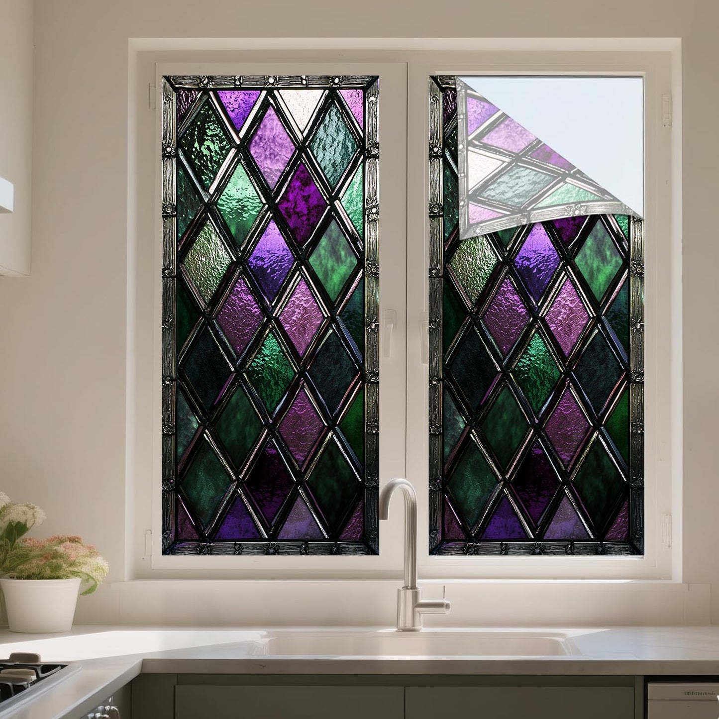 IVN Privacy Window Film Stained Glass Window Cling Purple Green Diamond Pattern Decorative Static Cling Window Sticker for Bathroom Kitchen Entry Door 17.7 x 39.3 Inch
