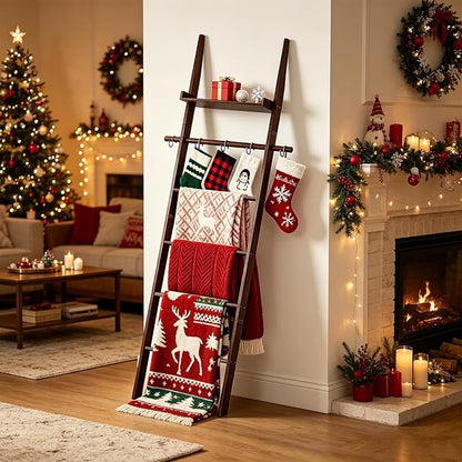 Farmhouse Wooden Blanket Ladder with Shelf,6-Tier Rustic Quilt Towel Rack Decorative Holder Wall Leaning Storage with Removable Hooks for Home Living Room Bedroom Decor Brown