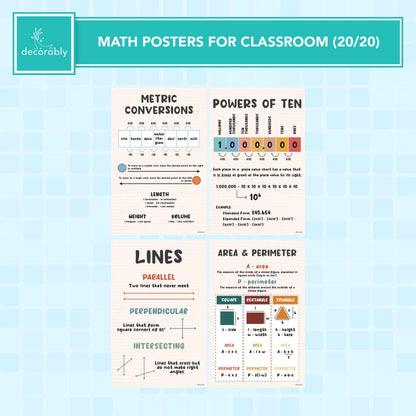 Decorably 20 Boho Educational Math Posters, 11x17in Educational, Matte-Laminated Decor - for Classroom, Hallways, Bulletin Boards, Home Study Room