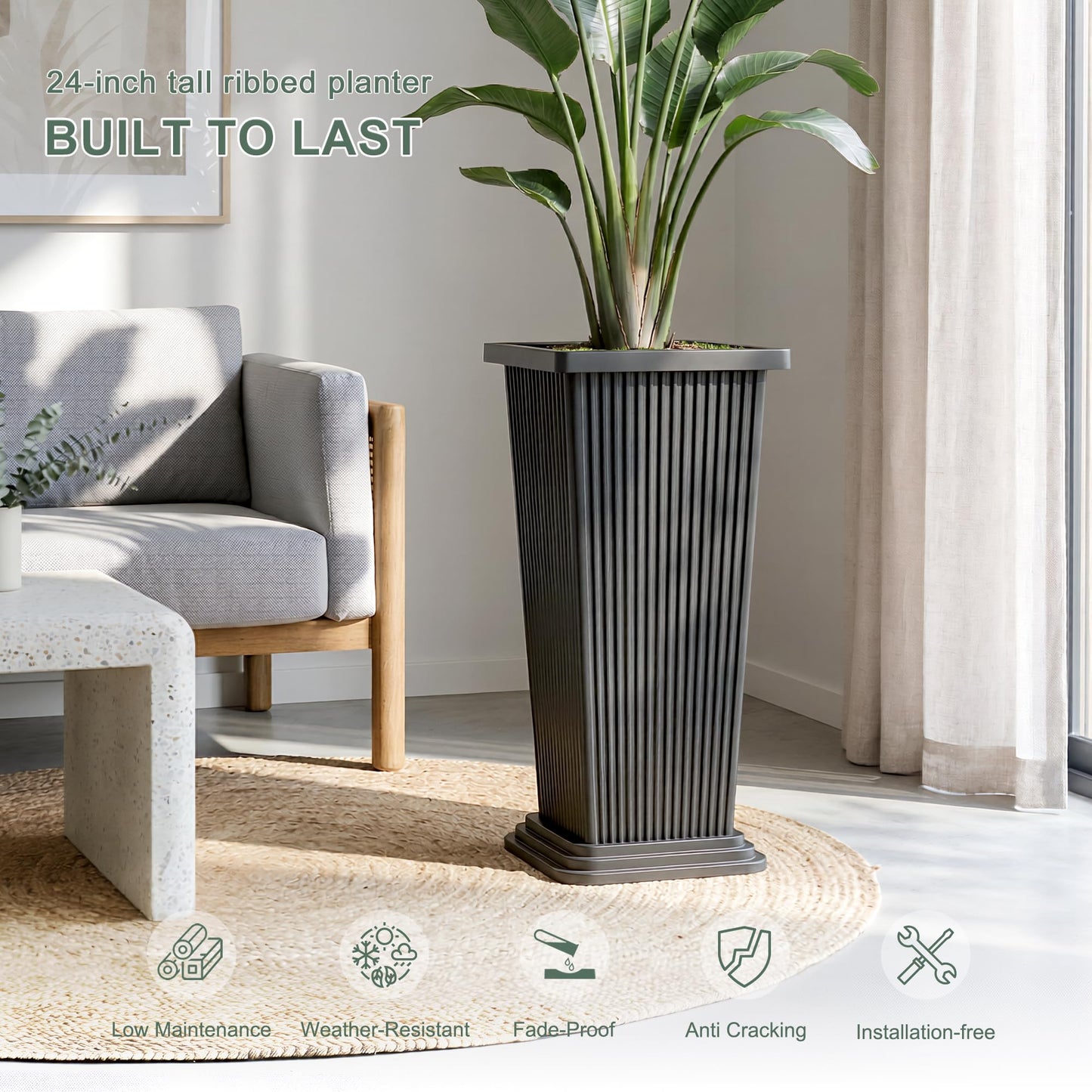 PolarcoForgeco Tall Outdoor Planters Set of 2, Large Flower Pots for Indoor Plants, 24 Inch Large Outdoor Planter for Front Porch, with Drainage Tray (Gray Ribbed)