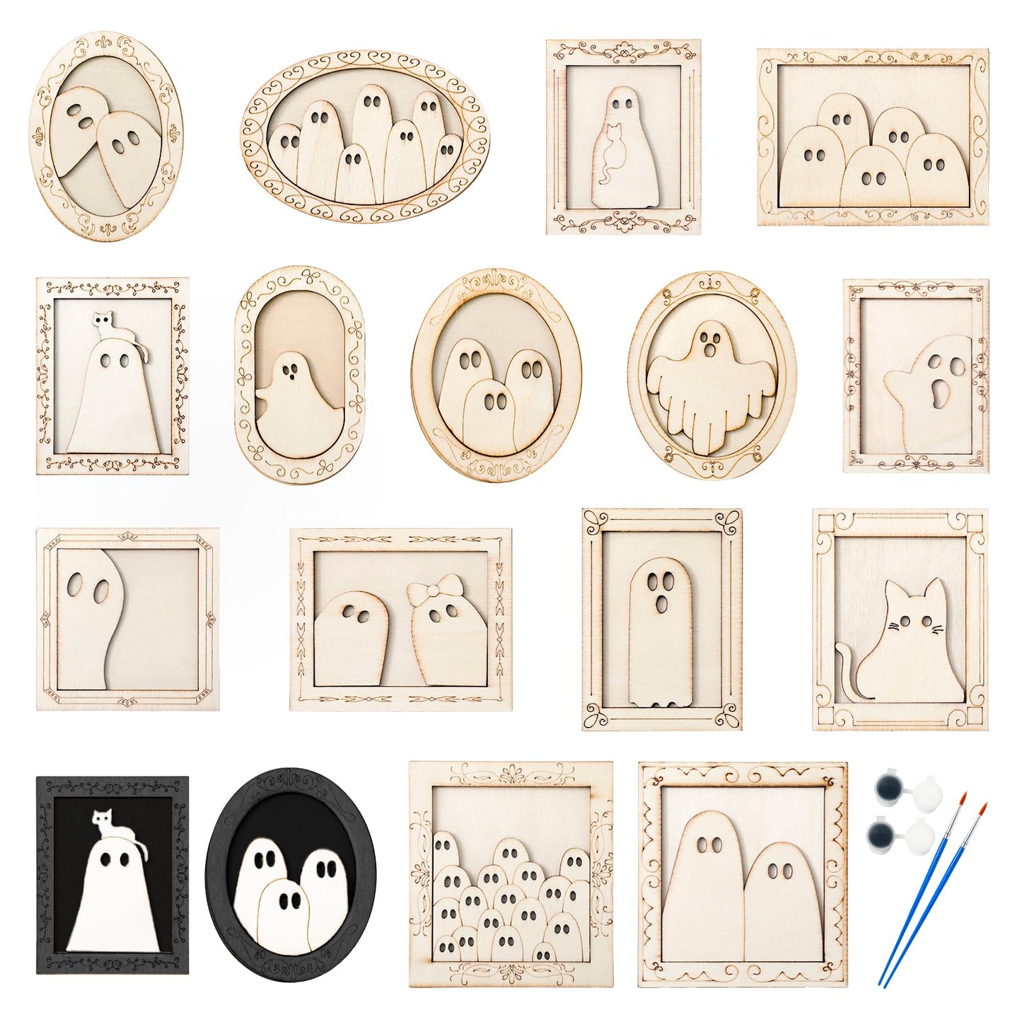 JarThenaAMCS 15 Set Halloween Wood DIY Frames Decorating Craft Unfinished Black Cat Ghost Wooden Gift Ornament Painting Set with White Black Paint and Brush for Art Party Supplies, Not Include Glue