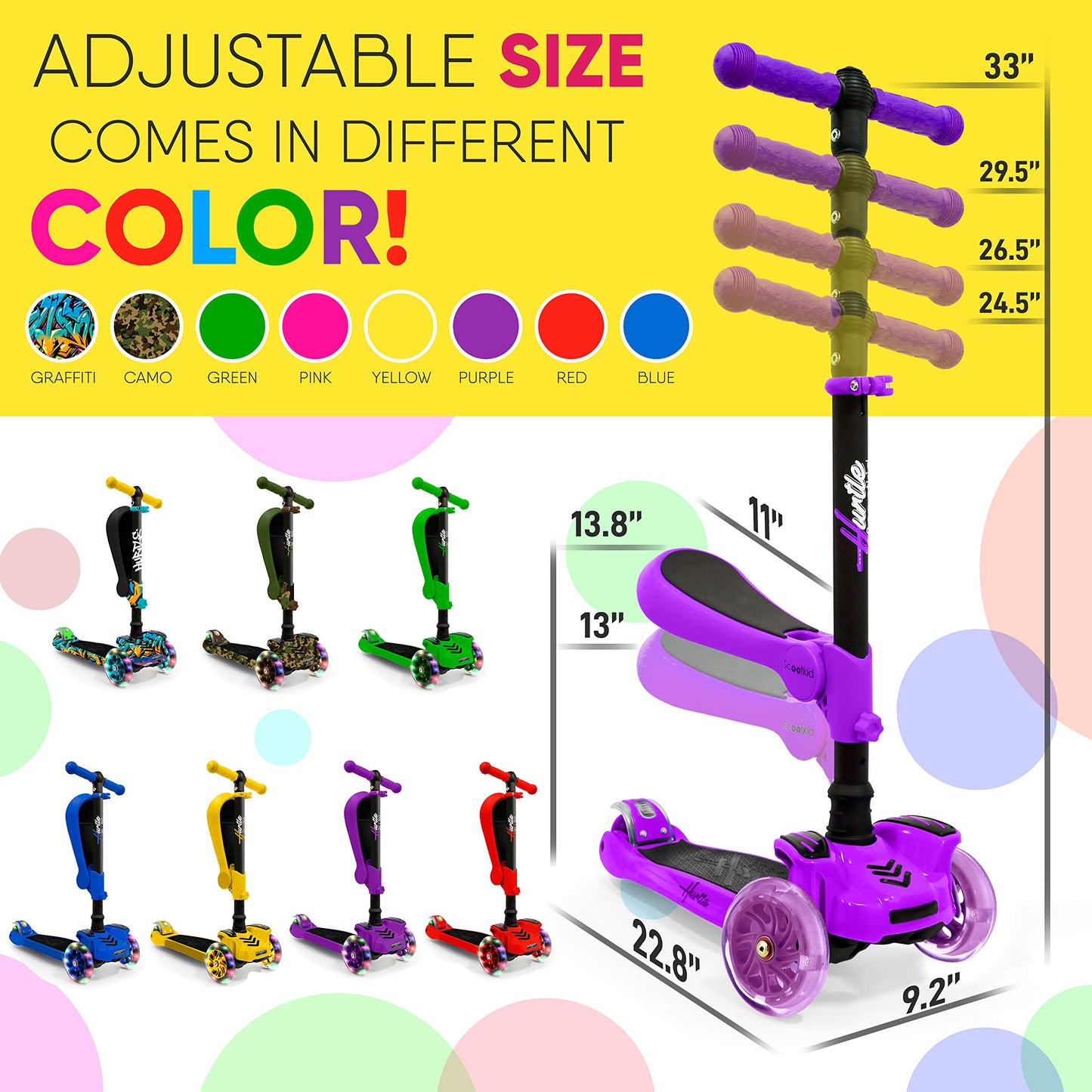 Hurtle Kids Scooter - Child Toddler Kick Scooter Toy with Foldable Seat - 3 Wheel Scooter with Adjustable Height, Anti-Slip Deck, Flashing Wheel Lights, for Boys/Girls 1-12 Year Old, Purple