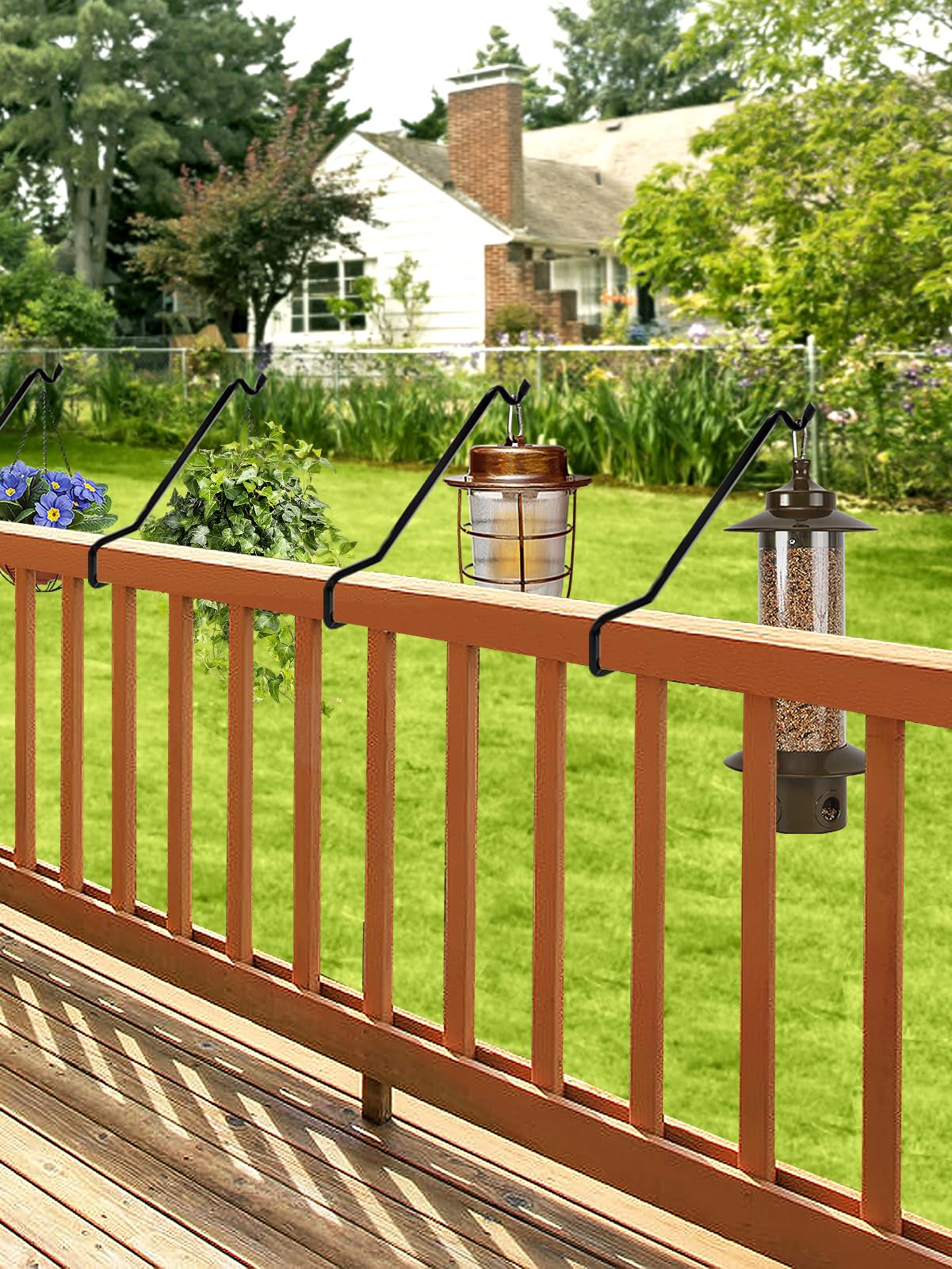 Biubee 4 Pack Deck Bird Feeder Hanger for Railing - Extended Angled Metal Deck Rail Plant Hanger for Bird Feeder Planters Lanterns Wind Chimes, Fit 2" × 4" & 2" × 6" Wooden Railings