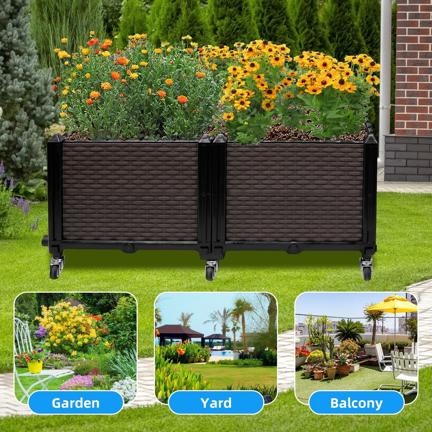 Ciao Stilista Raised Plant Box with Wheels 31.5"x15.7"x16.1", Raised Beds for Gardening Self Watering, Durable Metal Lockable Casters, Rectangular Garden Planter Perfect for Garden Patio Balcony Deck