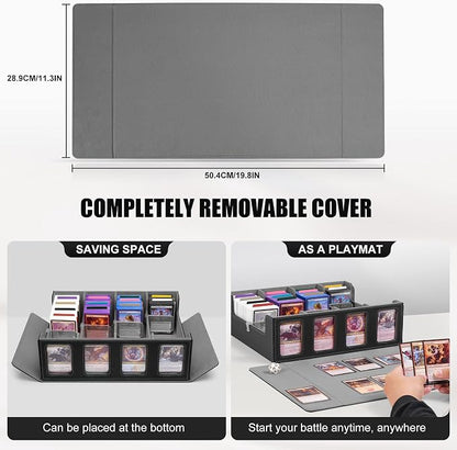 Kabinka Trading Card Storage Box with Commander Display, 4-Row Deck Case with Removable Lid; 2400+ Card Deck Box for MTG TCG Sports Card, 4 Top Loaders, 4 Stoppers, 24 Dividers,1 Dice Bag (Black)
