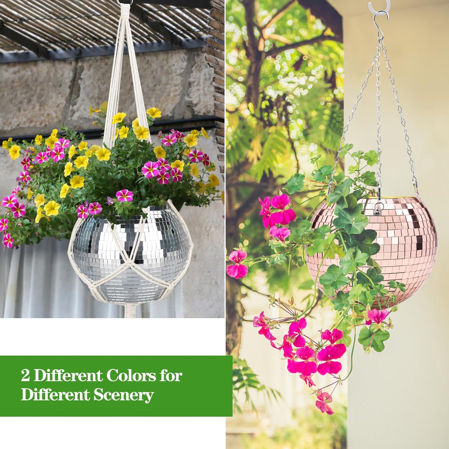 FGBNM Disco Ball Planter, 1pcs 9” Silver Disco Ball Planter, Disco Ball Plant Hanger with Hanging Rope, Hanging Chain, Hook, Circle and Extra Mirror Pieces