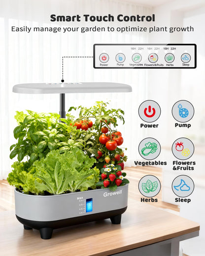 Growell Hydroponics Growing System Kit, 16 Pods, Vertical 8L Indoor Gardening System for Herb Vegetable Fruit, Hydro Garden with LED Grow Light, Smart Water Circulation, 3 Light Modes & 2 Timer, Gray