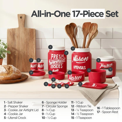 Mason Jar Ceramic Canister Set, Farmhouse Canisters Sets for the Kitchen Decor, Utensil Holder, Spoon Rest, Cookie Jar, Salt & Pepper Shaker, Sponge Holder, Measuring Cups & Spoons (Red, 17-Pc Bundle)
