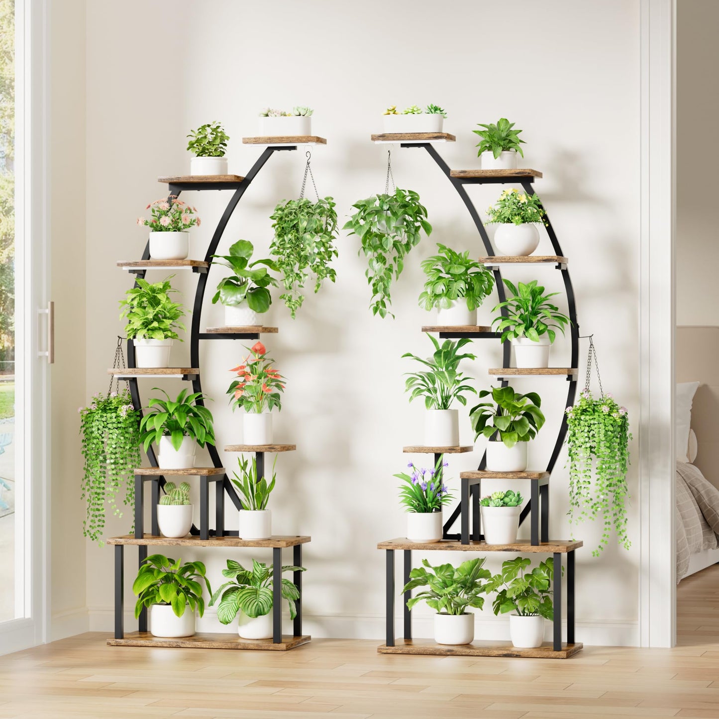 BACEKOLL Plant Stand Indoor with Grow Lights, 9 Tiered Metal Plant Shelf, 64" Tall Plant Stand for Indoor Plants Multiple, Large Plant Rack Display Shelf, Curved Plant Holder for Living Room, Patio