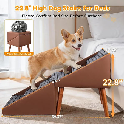 22.8” H Dog Stairs for High Bed, 6-Step Non-Slip Dog Ramp, Foldable 2-in-1 Pet Stairs & Ottoman, Upgraded Pet Steps for Puppies, Senior Dogs & Injured Pets, Solid Wood Frame (Brown)