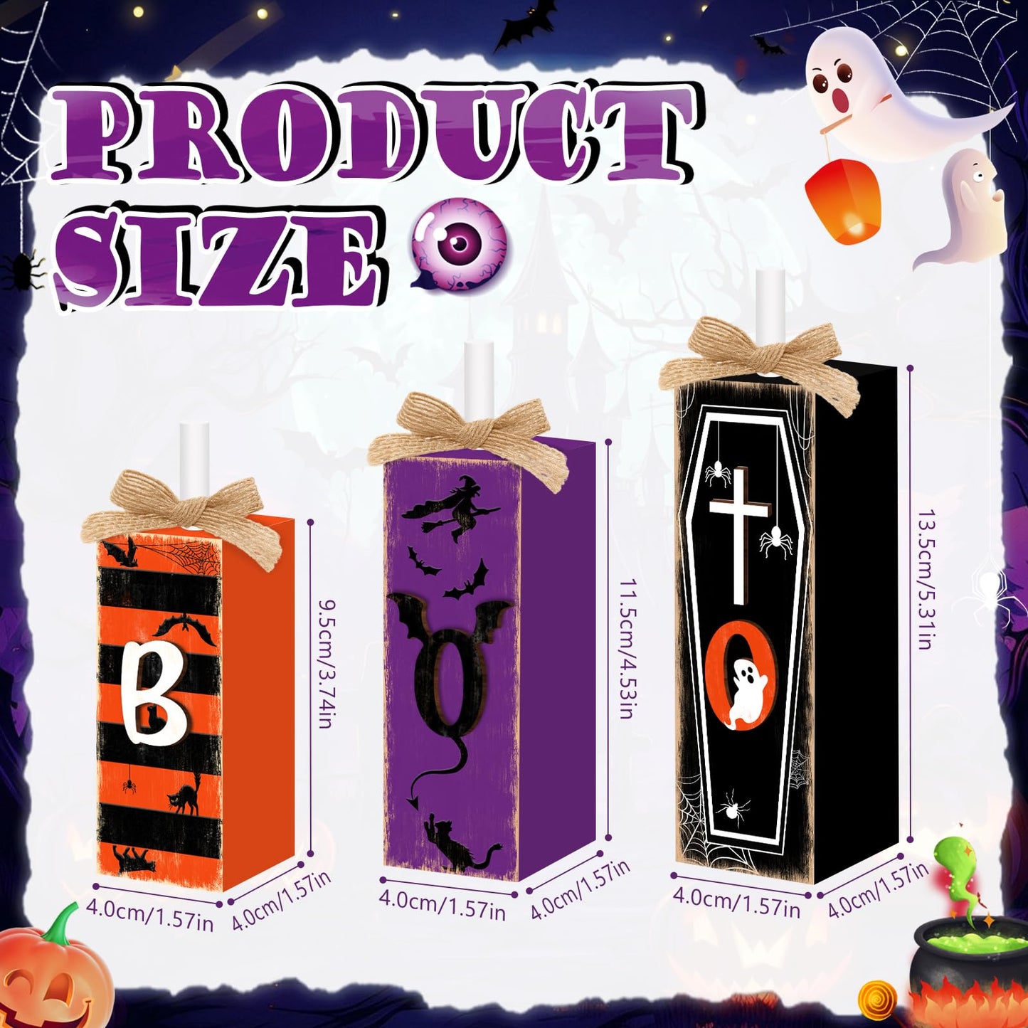 3 Pcs Boo Halloween Sign Wooden Tiered Tray Decor, Witch Black Cat Cross Coffin Table Decor 3D Carving Craft Halloween Decorations Party Tabletop Centerpieces for Home Kitchen Indoor Mantel