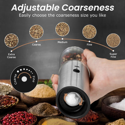 VEVOK CHEF Electric Salt and Pepper Grinder Set Rechargeable with LED Light Type-C Automatic Gravity Stainless Steel Pepper Mill Spice Grinder Adjustable Coarseness