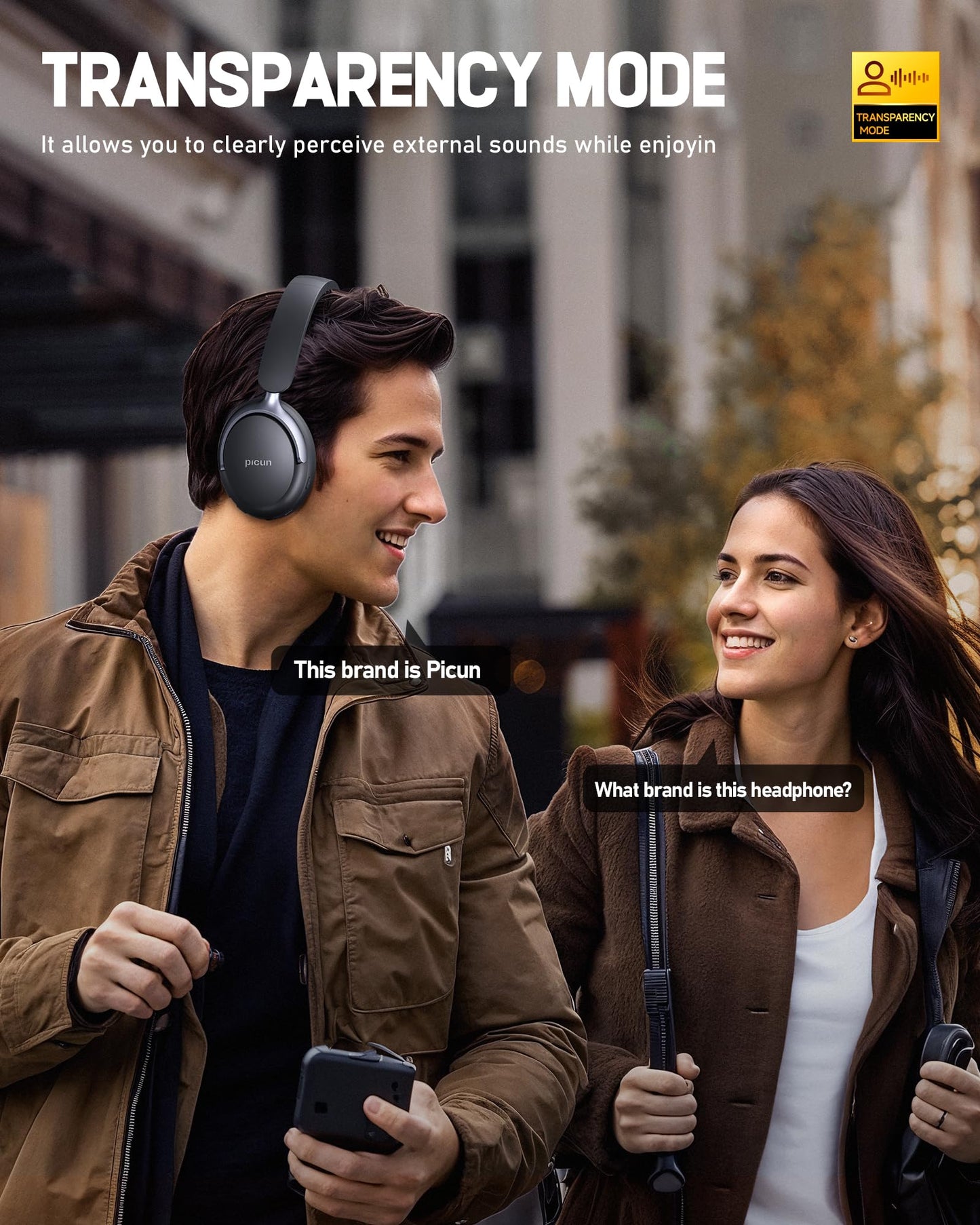 Picun NC60 Hybrid Active Noise Cancelling Headphones, Foldable Wireless Over Ear Bluetooth 5.4 Headphones, 80H Playtime, Transparency Mode, Stereo Bass, Custom EQ via App for Travel Home Black