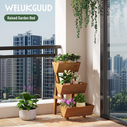Vertical Wooden Raised Garden Bed, Garden Planters Freestanding Wood Plant Stand Flower Rack Wooden Planter Box for Plants Herbs Flowers Vegetables Outdoor Indoor Gardening (3-Tier Small Brown)