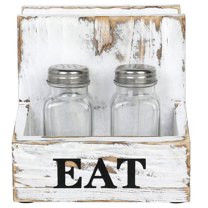 MyGift Napkin Holder for Table, Wood Napkin Holder with Salt and Pepper Shakers Set, Condiment Caddy with Bold Black Printed EAT Design, Standing Paper Napkin Storage for Kitchen Dining Table Decor