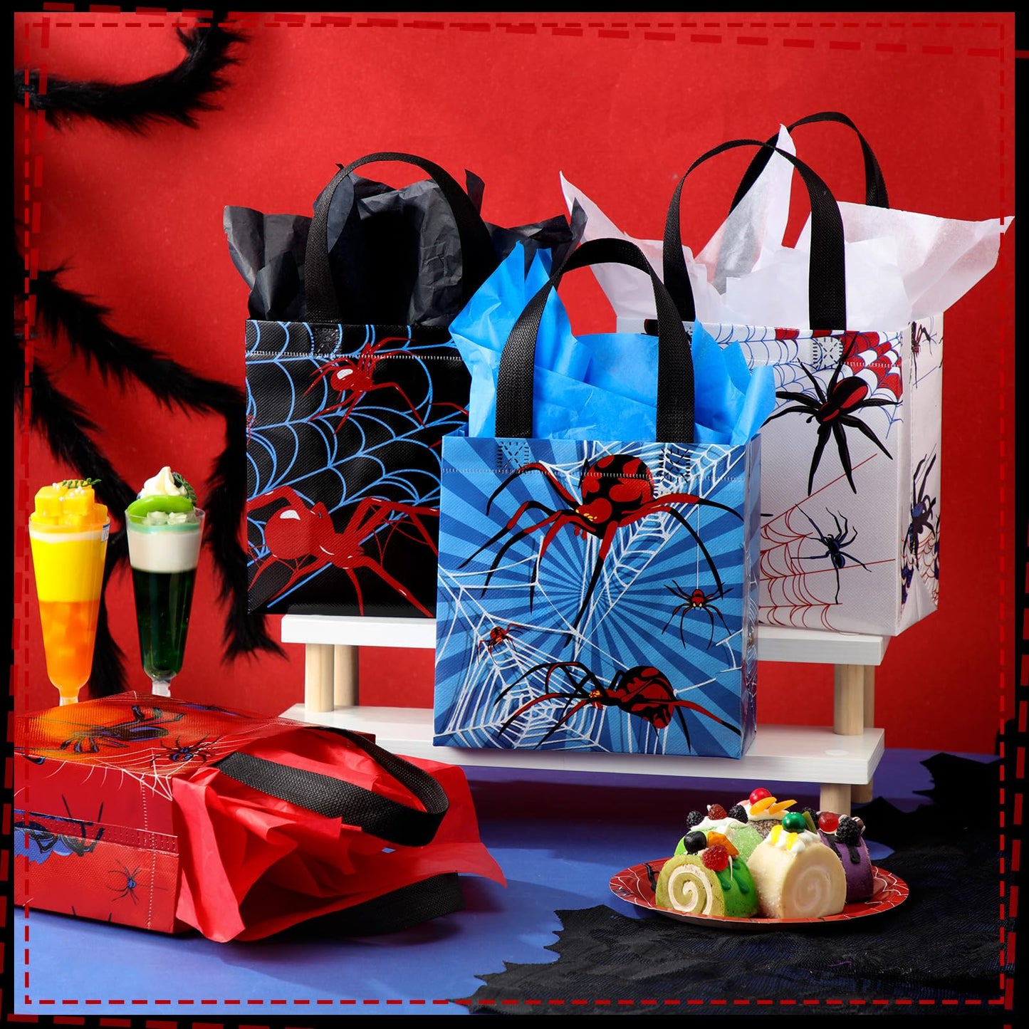 GliCraft 24 Pcs Spider Gift Bags with Tissue Paper Reusable Spider Party Favors Bags with Handle Spider Birthday Party Decorations Double Sided Spider Printed Goodie Candy Bags for Spider Party Favor