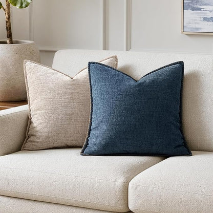 MIULEE Pack of 2 Couch Throw Pillow Covers 18x18 Inch Dark Blue Farmhouse Decorative Pillow Covers with Stitched Edge Soft Chenille Solid Dyed Pillow Covers for Sofa Bed Living Room