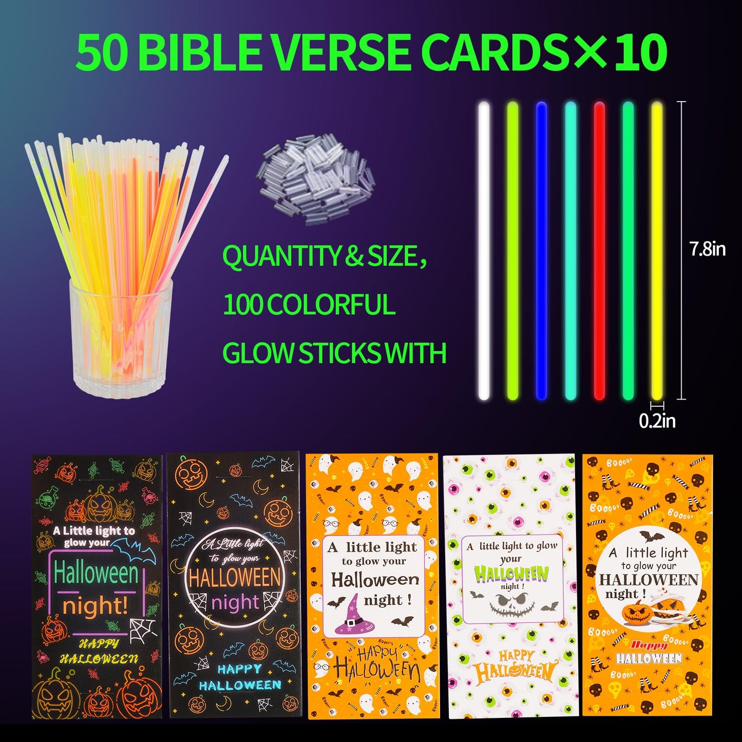 LiYiQ 50 Packs Halloween Gifts Cards with 100 Glow Sticks Let Your Light Shine Cards with Glow Sticks Pumpkin Cards for VBS Sunday Supplies (Halloween)