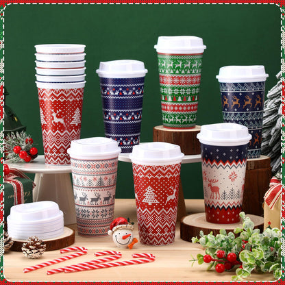 Pickmesh 12 Pack Christmas Coffee Cups Gifts Bulk 16 oz Reusable Coffee Cup Tumblers with Lid Plastic Cups Travel Mug Thank You Gifts for Women Coworkers Holiday Drinks