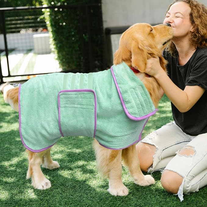 Soft Dog Bathrobe Fast Drying Dog Coat, Super Absorbent Dog Towels for After Bath, Microfiber Pet Robe Adjustable Collar & Belly Warm Keeping Dogs Coat for Pet Dogs & Cats (Green, Small)