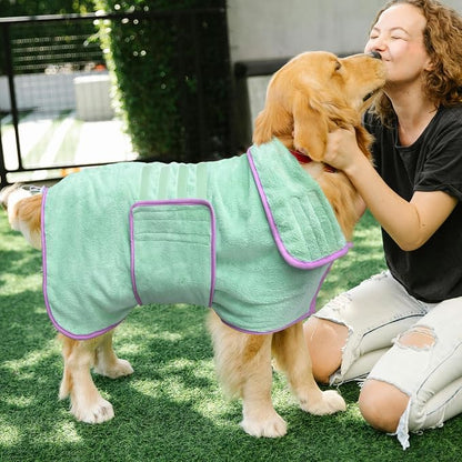 Soft Dog Bathrobe Fast Drying Dog Coat, Super Absorbent Dog Towels for After Bath, Microfiber Pet Robe Adjustable Collar & Belly Warm Keeping Dogs Coat for Pet Dogs & Cats (Green, X-Large)