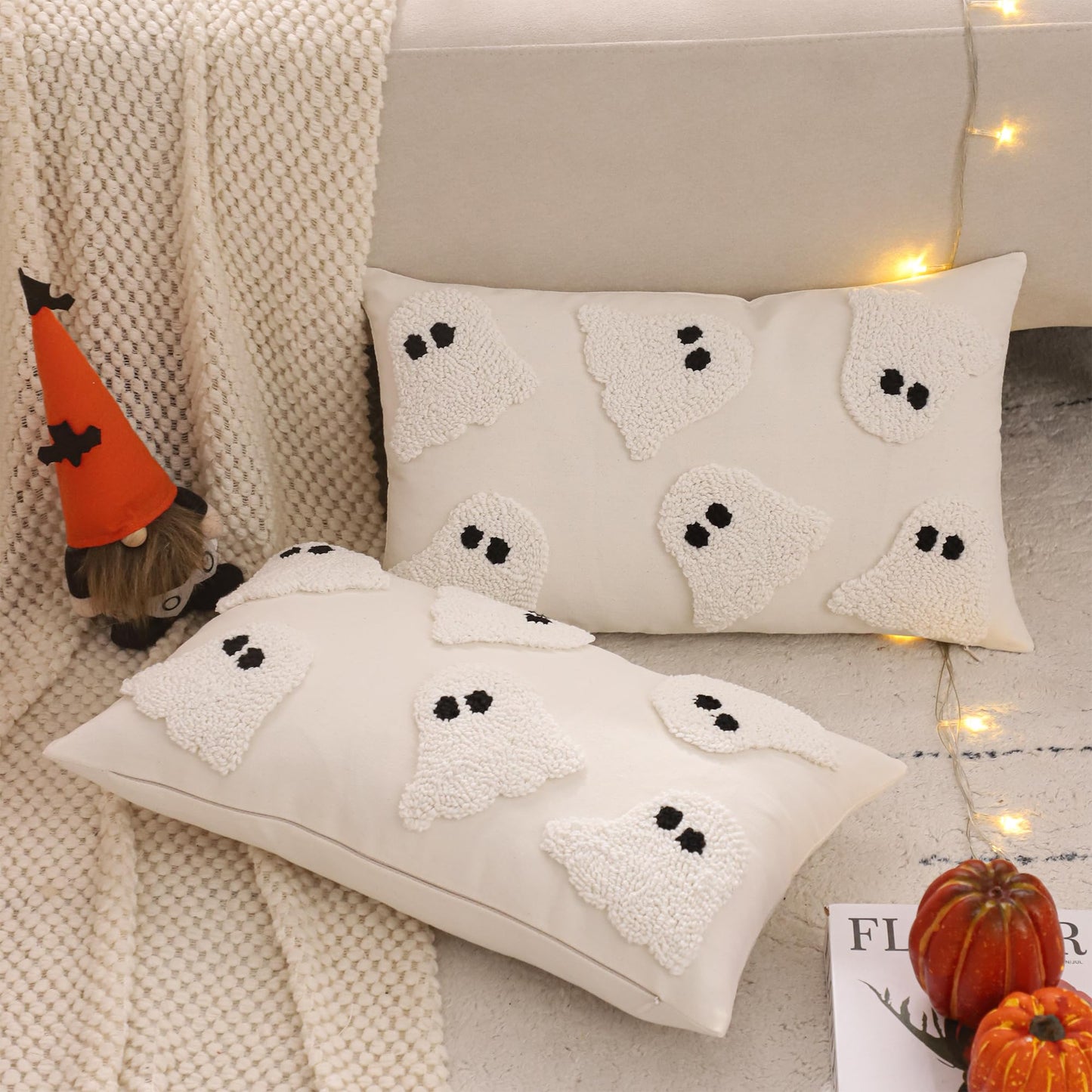 Tosleo Halloween Throw Pillow Covers 12x20 inch Set of 2 Halloween White Ghosts Embroidered Pillow Cases Thanksgiving Home Party Fall Decor Pillowcases Lumbar Cushion Covers for Spooky Season