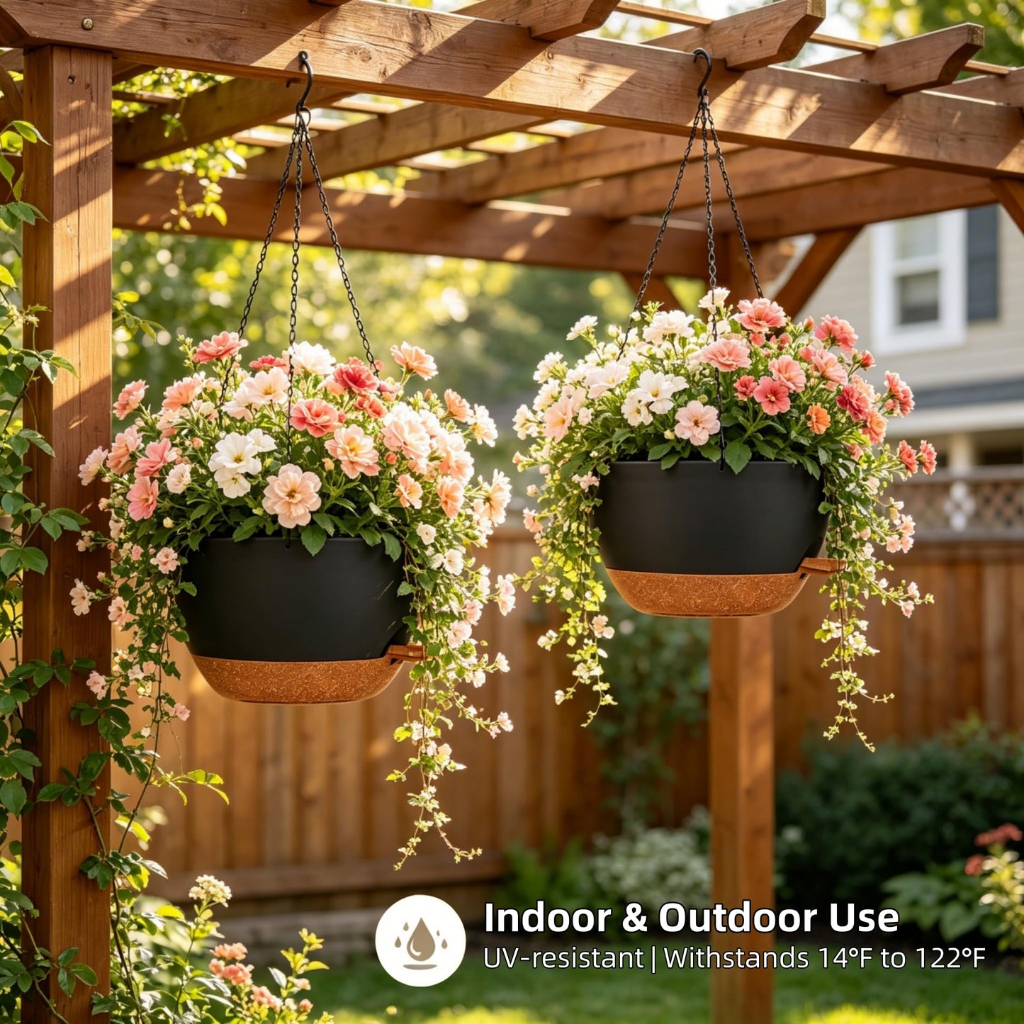zople 2 Pack 12 Inch Self Watering Hanging Planters for Indoor Plants, Large Black Brown Plastic Hanging Pots with Chains for Outdoor Patio Garden Home Decor Black Brown