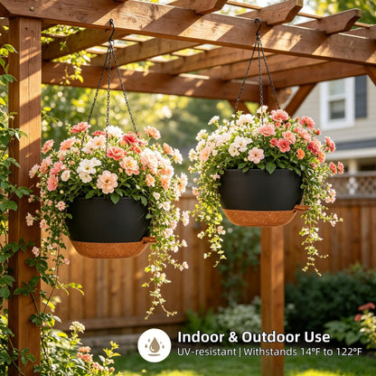 zople 2 Pack 12 Inch Self Watering Hanging Planters for Indoor Plants, Large Black Brown Plastic Hanging Pots with Chains for Outdoor Patio Garden Home Decor Black Brown
