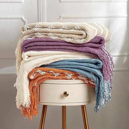 BOURINA Fluffy Chenille Knitted Fringe Throw Blanket Lightweight Soft Cozy for Bed Sofa Chair Throw Blankets, Blue 50" x 60"