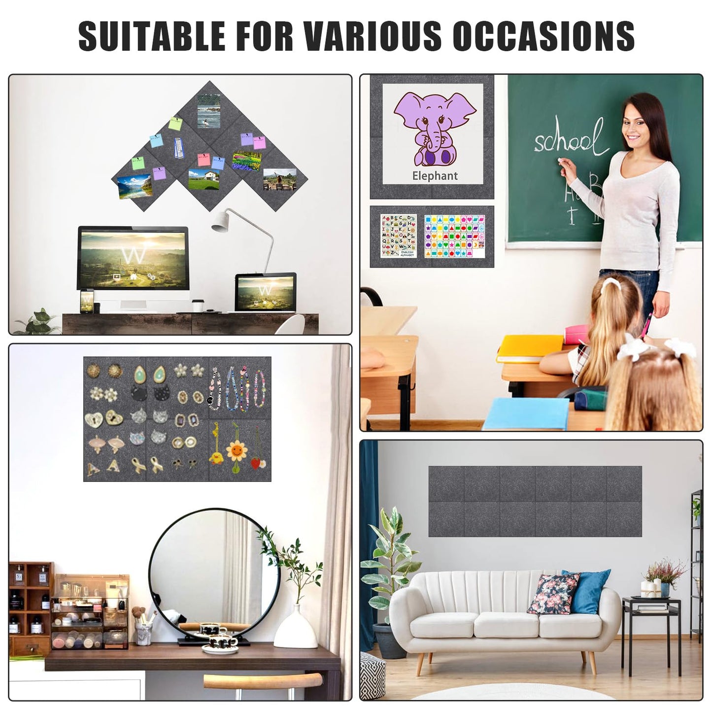Large Cork Board Alternative 48" X 36" Bulletin Board - 12 Pack Removable Felt Wall Tiles with 30 pushpins, Large Cork Boards for Walls Cork Board for Office Pin Board Tack Board - Dark Gray