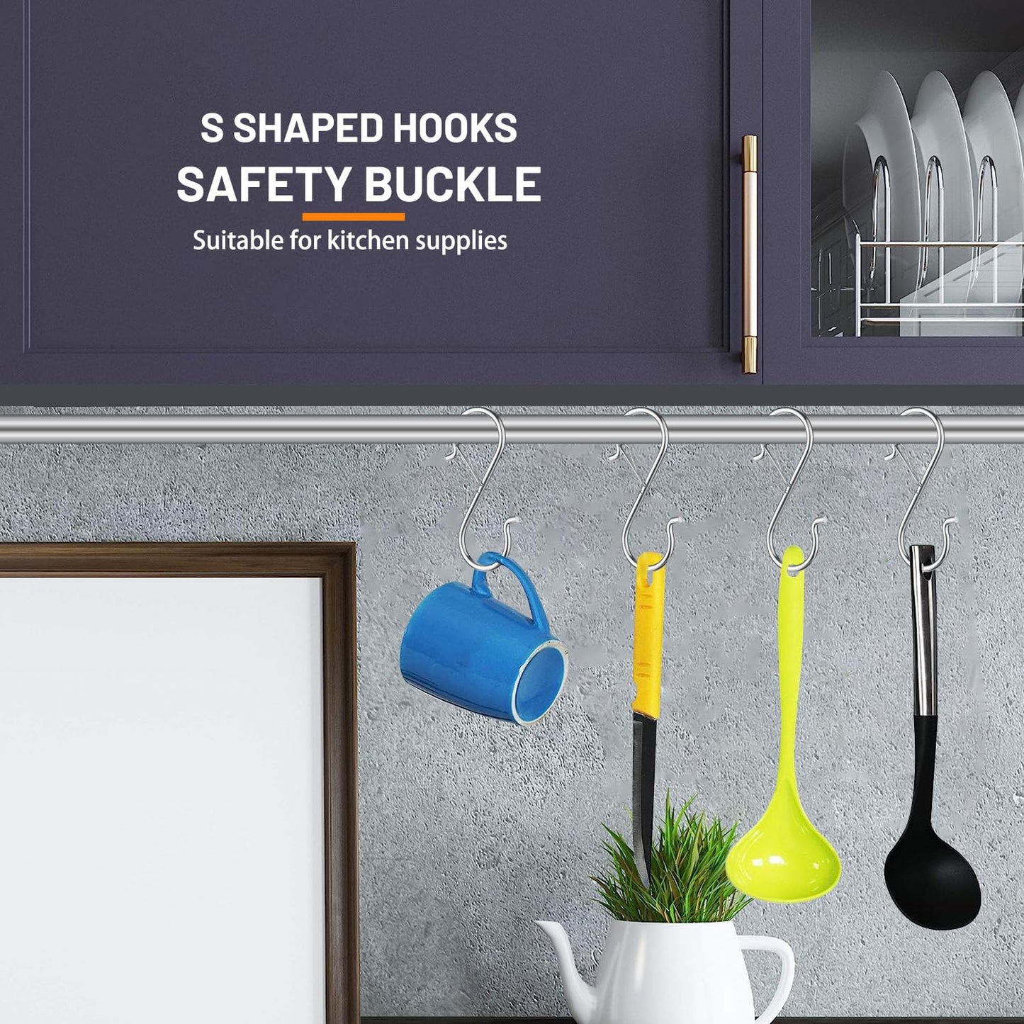 iCafePub 12 PCS S Hooks for Hanging with Safety Buckle, Metal S Shaped Hooks Fit for 0.5 Inch Rod Diamater, for Kitchen Utensil, Cups, Pots, Plants, Bags, Hats (Silver)