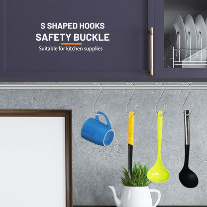 iCafePub 12 PCS S Hooks for Hanging with Safety Buckle, Metal S Shaped Hooks Fit for 0.5 Inch Rod Diamater, for Kitchen Utensil, Cups, Pots, Plants, Bags, Hats (Silver)
