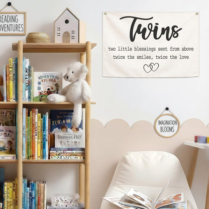 Twin Room Sign Canvas Banner-Nursery Wall Decor Rectangular Flag Sign for Baby Kids Newborn Nephew,Bedroom Baby Room Door Decoration,Twins Two Little Blessings Quote,Christmas Gift 28.5"L x 20"W