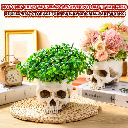 Acellegic Skull Planter Resin Skull Head Flower Pot Candy Bowl Spooky Gothic Decoration for Tabletop Home Bar Office Desk Halloween(2 Pack,Antique White,Classic)