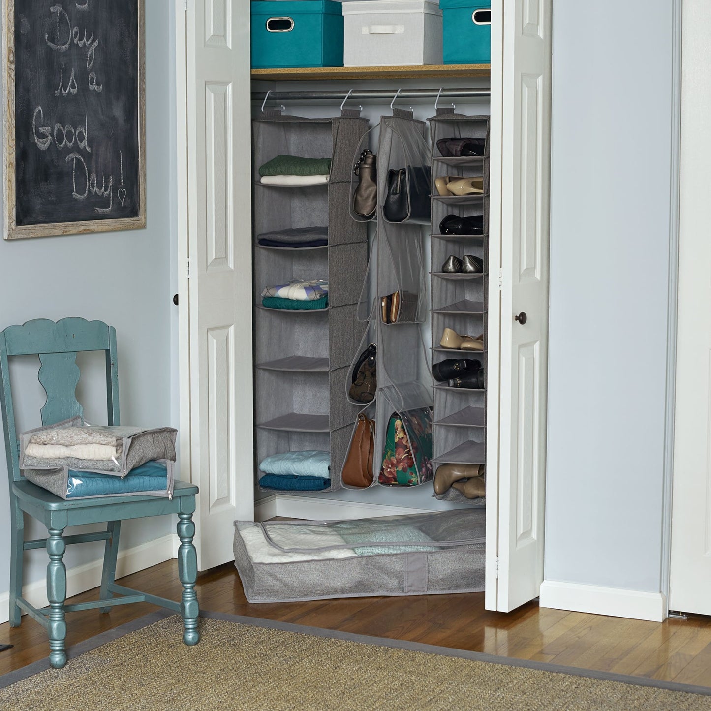 Household Essentials 10-Shelf Wide Hanging Shoe Organizer, Soft and Durable Polyester, Versatile, Breathable, Stylish, Compact, Sturdy Hooks for Rod or Wire Closets, Gray