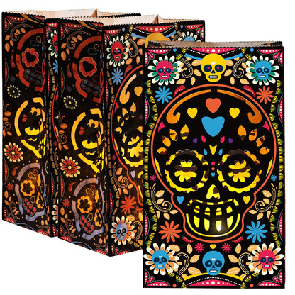 24 Pcs Halloween Day of The Dead Luminary Bags Paper Treat Bags Black Dia de Muertos Flame Resistant Candle Bags Goodie Present Wrap Bags for Halloween Party Favors Supplies