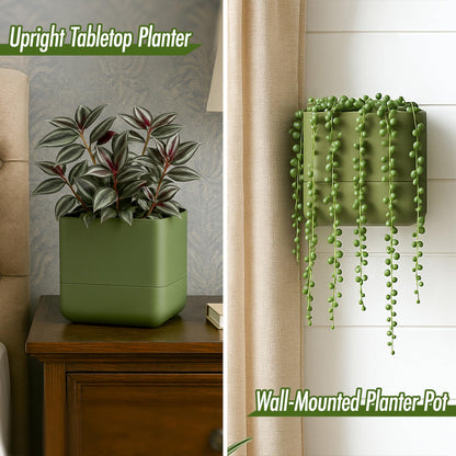 Phoenix Vine 6.5 Inch Wall Mounted Self-Watering Planter Pot for Indoor Houseplants and Herbs | Hanging Planter for Window Sills, Bathroom Walls, Home & Office Décor, Olive, Set of 3, 01-C-F-3