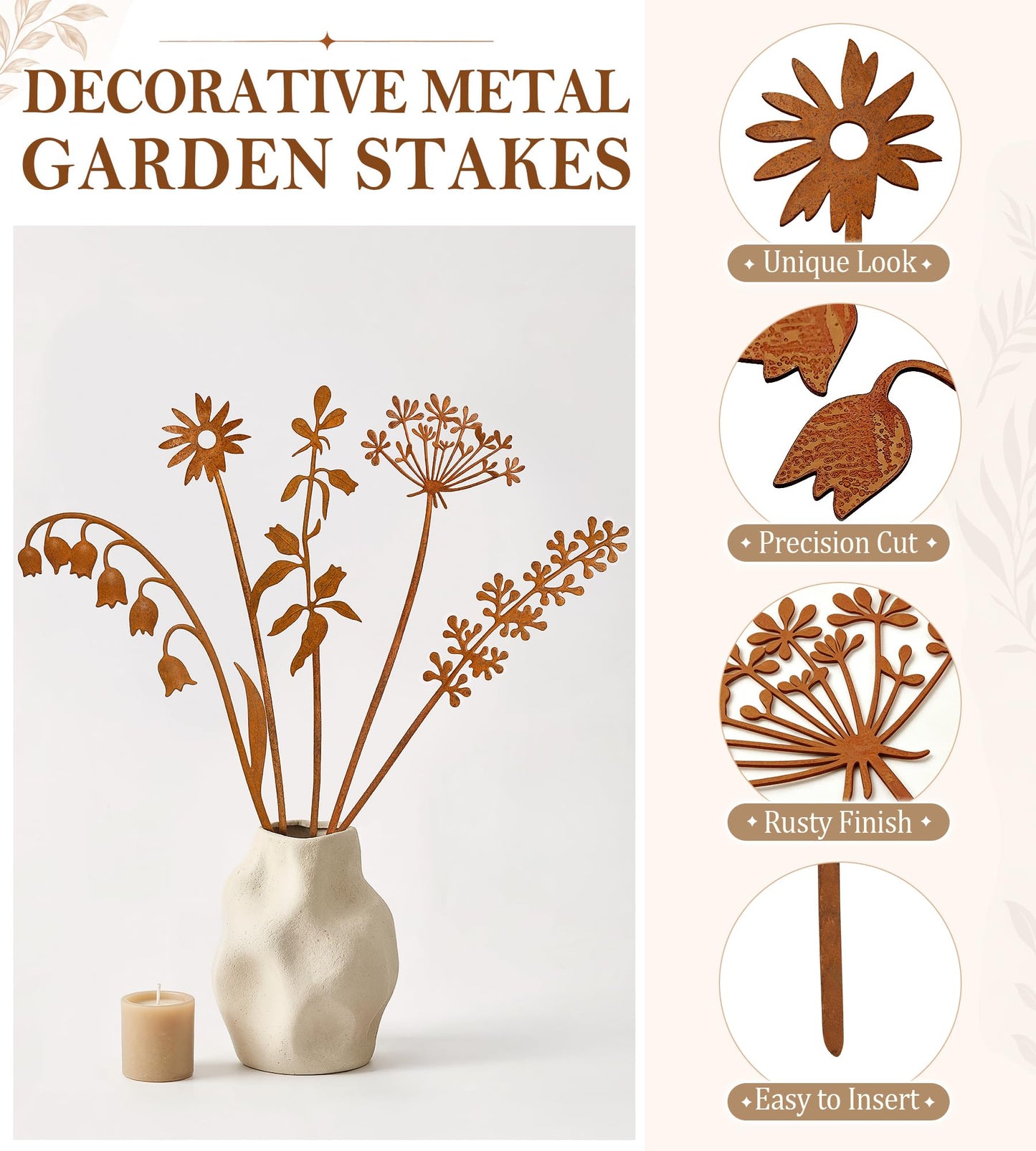 VIS'V Metal Decorative Garden Stakes, 15.7 Inch Rusty Flower Plant Yard Art Stakes for Outdoor Indoor Decor, 5 Pcs