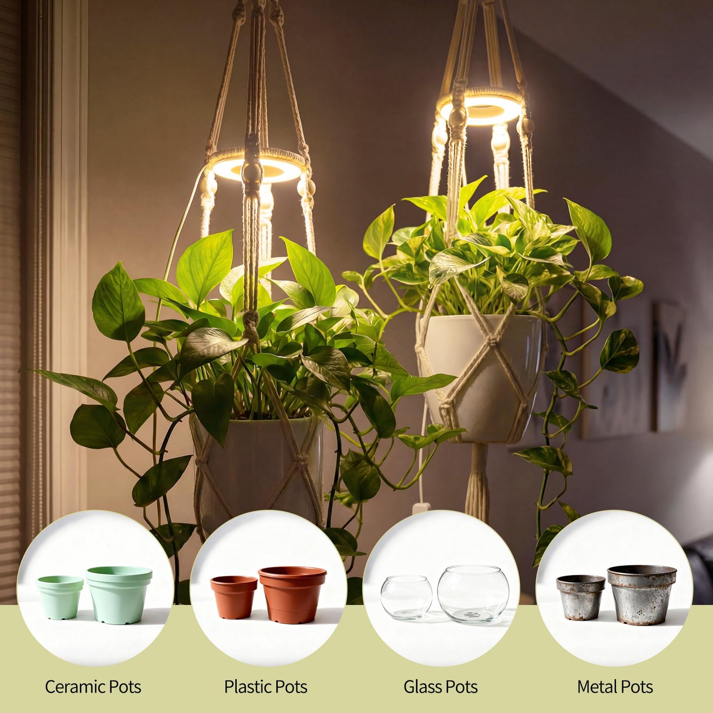 Lazukes 2 Pack Hanging Plant Grow Lights for Indoor Plants with Timer, Wall Mounted Full Spectrum Pendant Growing Light with Macrame Plant Hanger, Ceiling LED Planta Luz for Potted Plants Home Decor