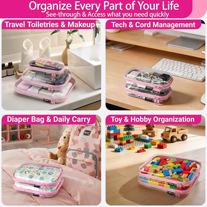 6 Pack Pink Clear Hard Shell Beauty Organizer (2M+4S), 1.2mm Heavy Duty Crush-Proof Cosmetic Case, Reinforced YKK Zippers, Stadium Approved Security Bag for Skincare & Electronics, Multi-Size Set