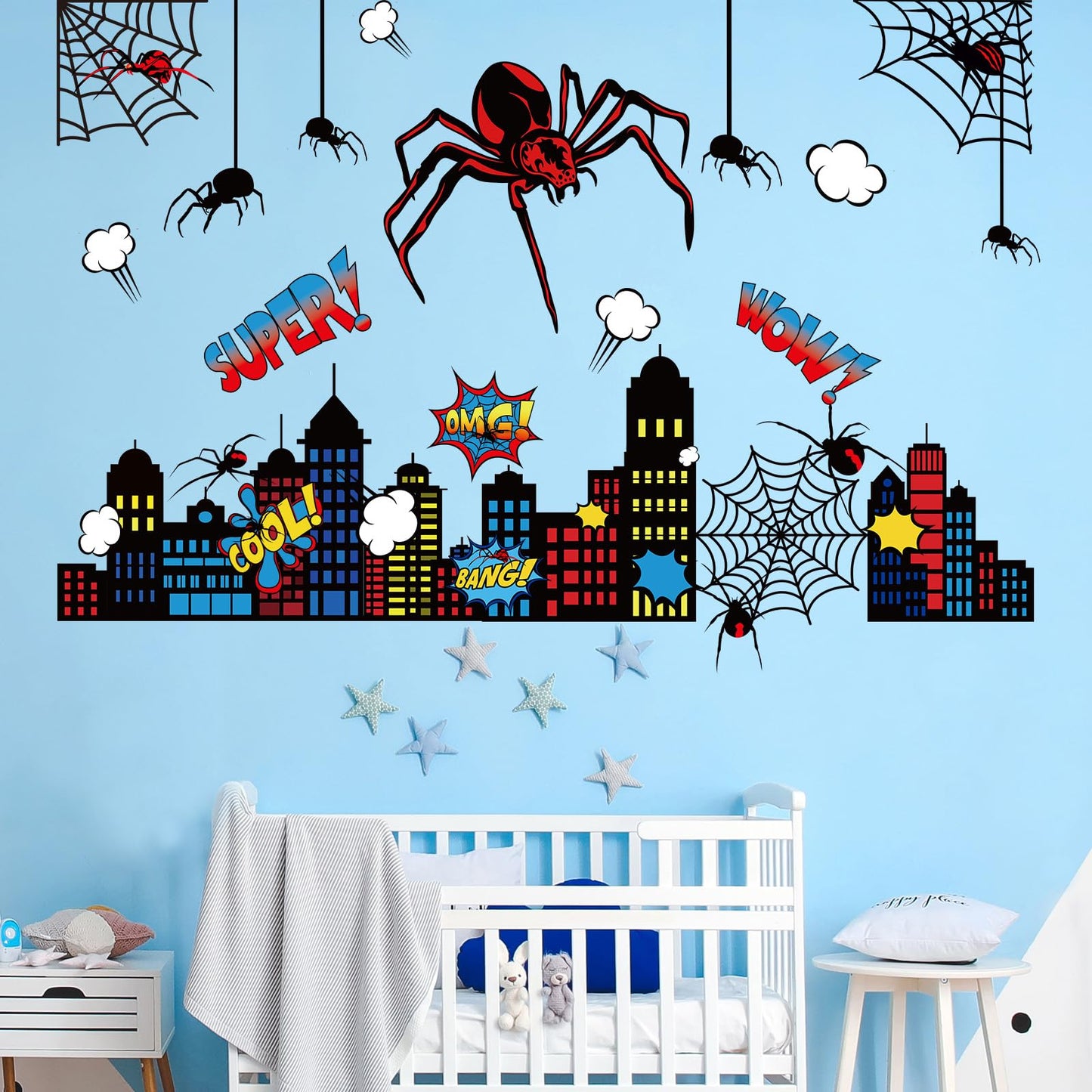 Gilprop Spider Theme Wall Stickers Spiderweb Wall Decal Colorful City Skyline Decor Pack Cool Comics Style Peel and Stick(L,Spider)