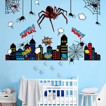 Gilprop Spider Theme Wall Stickers Spiderweb Wall Decal Colorful City Skyline Decor Pack Cool Comics Style Peel and Stick(L,Spider)