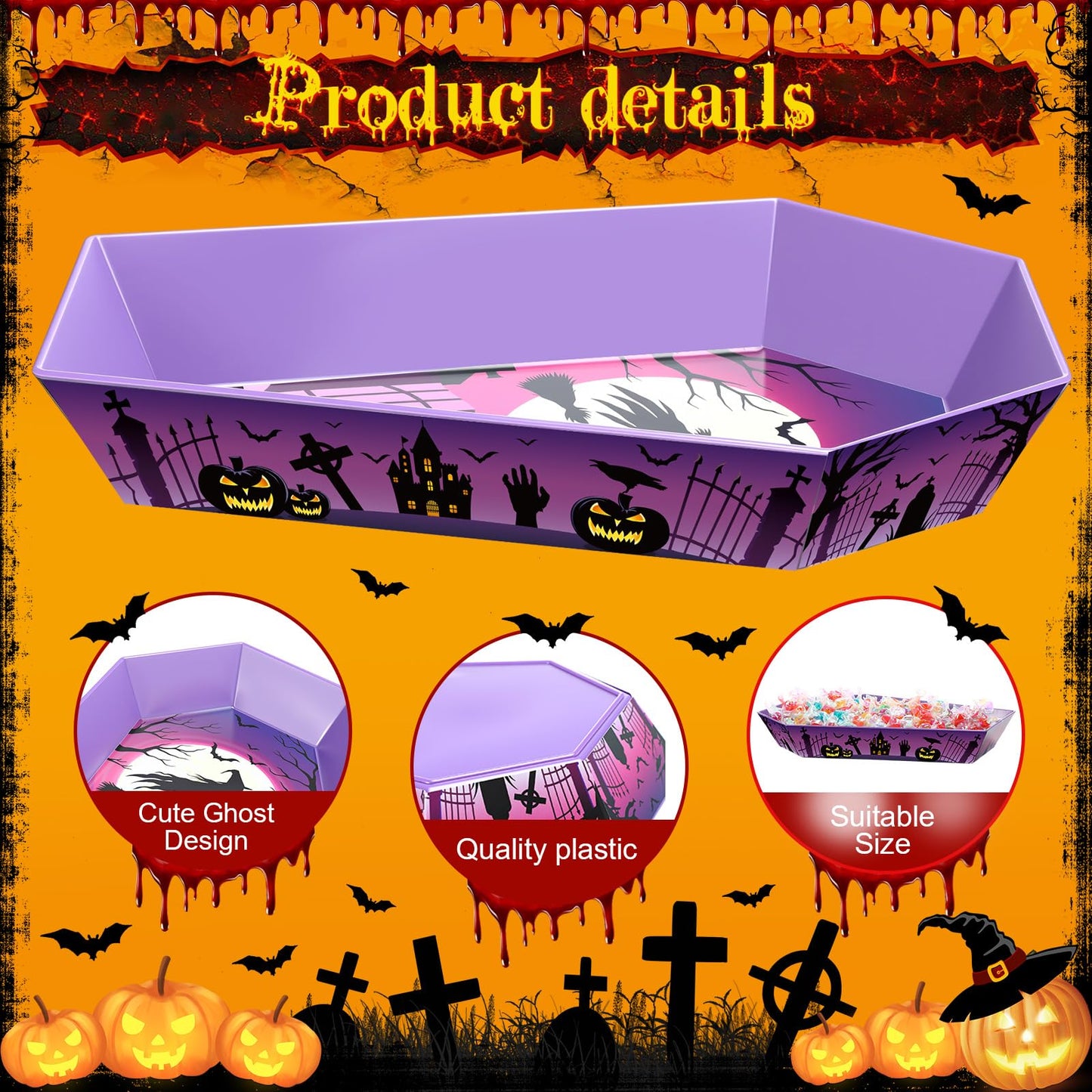 Wiwiqing 4 Pcs Halloween Candy Bowls Plastic Coffin Shaped Serving Tray Spooky Halloween Trick or Treat Candy Platter Dish for Birthday Party Food Storage Charcuterie Board Serving Supplies