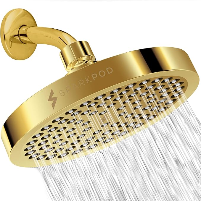 SparkPod Rain Shower Head, 6 Inch Round | High Pressure Shower Heads, 90 Nozzle (Touch-to-Clean), Adjustable Showerhead, No-tool Universal Connection
