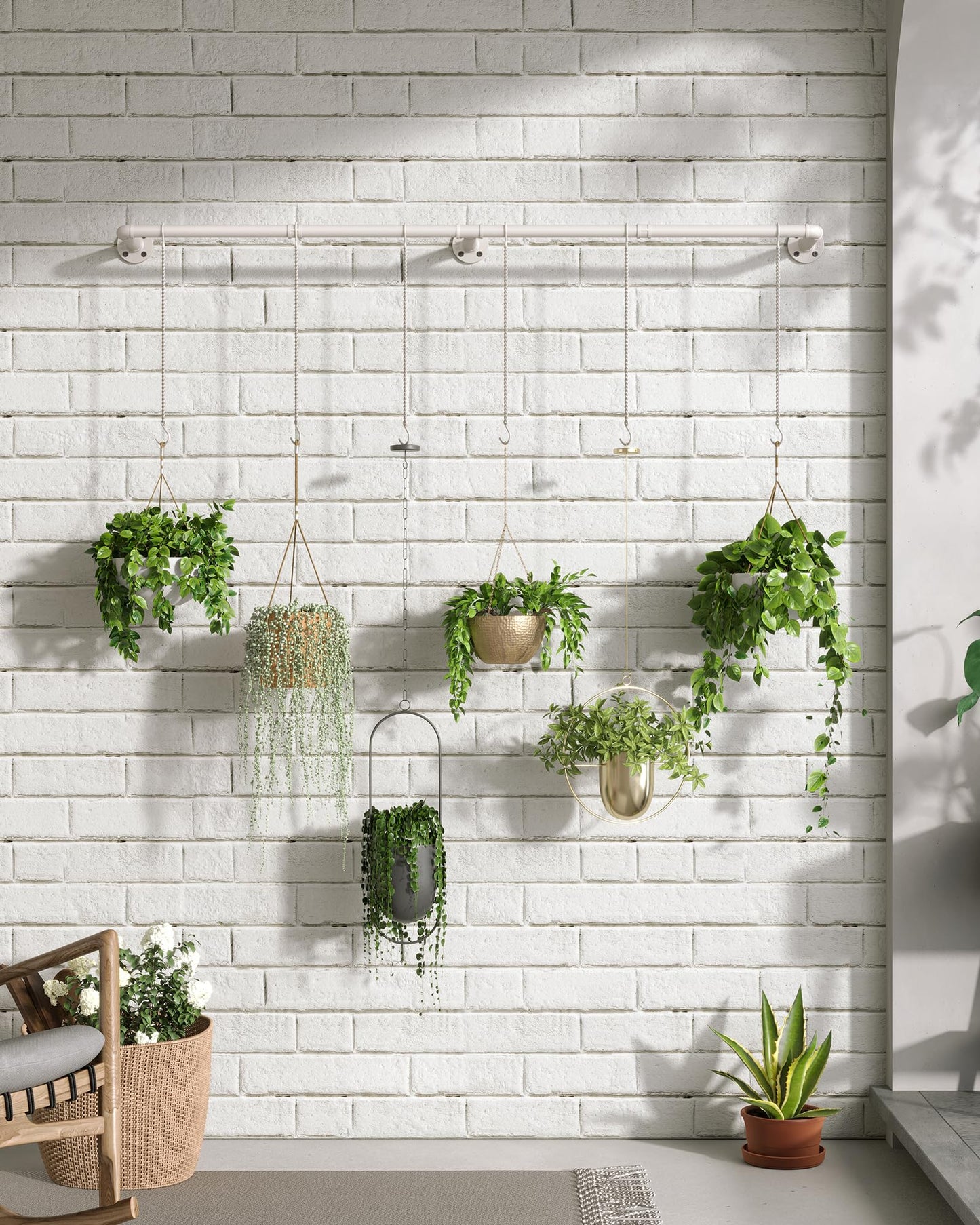 SOFITORG Plant Haning Rod, Hanging Planters for Indoor Plants with 6 Chains, Wall Plant Hanging Bar for Window Celling, 65.7 Inch, Metal White, Pots Not Included