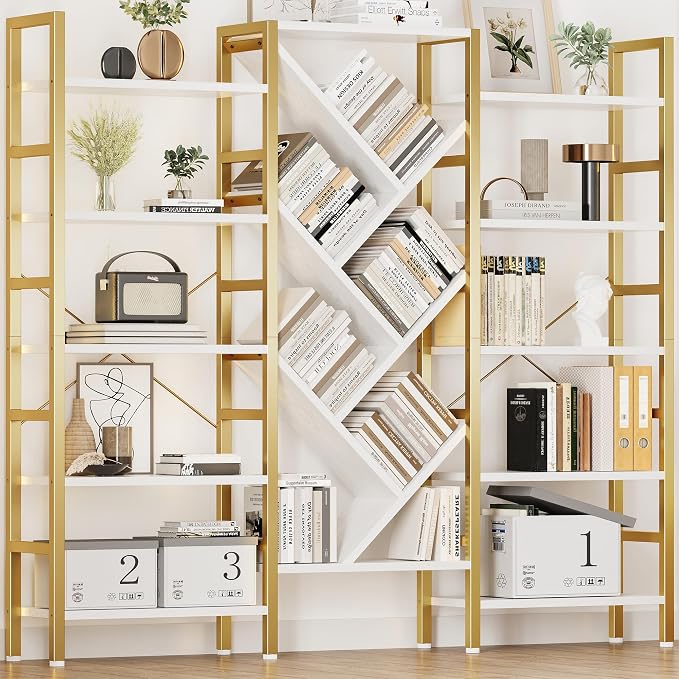 INNOD 70x70” Triple 5 Tier Book Shelf, Large Wooden Bookcase with 17 Open Display Shelf, Modern Tree Bookshelf Metal Frame Tall Book Case Furniture for Living Room Bedroom Home Office White & Gold