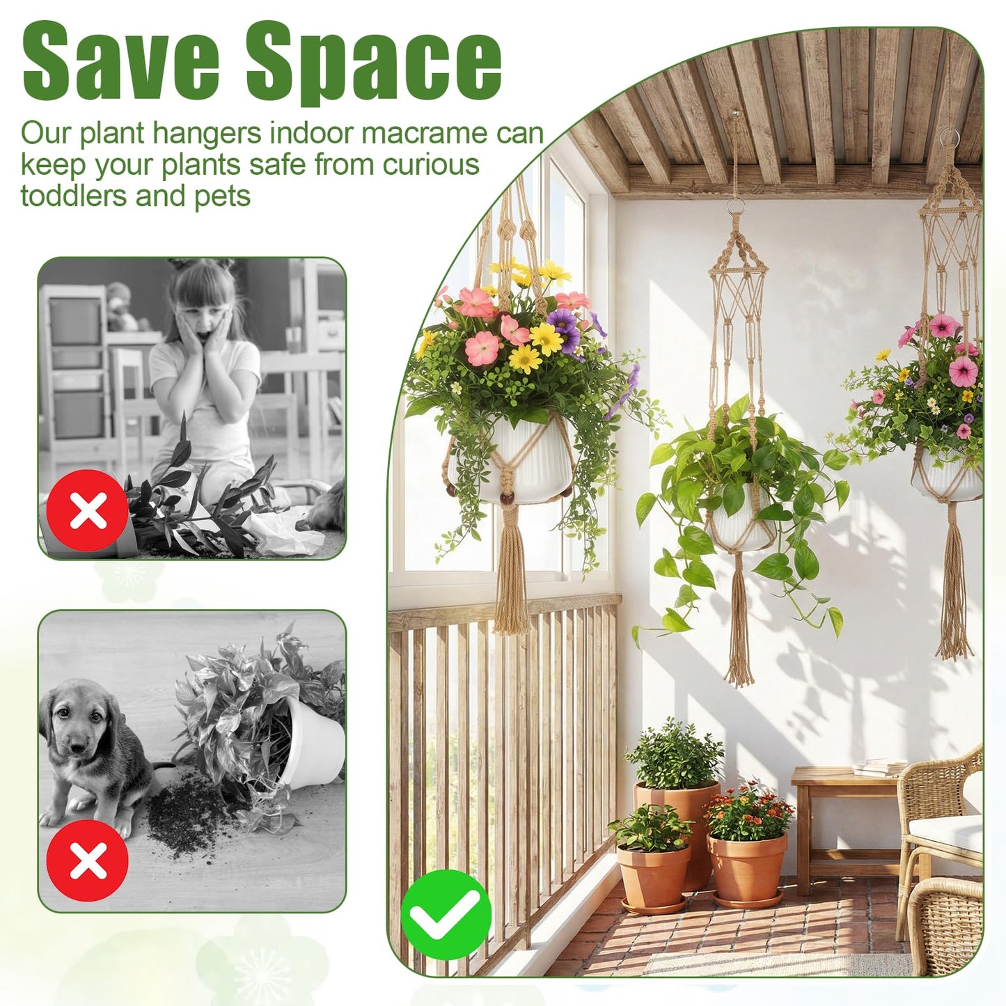 HANLANXUE 12 Pcs Macrame Plant Hangers, Handmade Hanging Planters for Indoor Plants Boho Hanging Baskets Flower Pots Holder with S Hooks and Ceiling Hooks for Outdoor Wall Home Decor