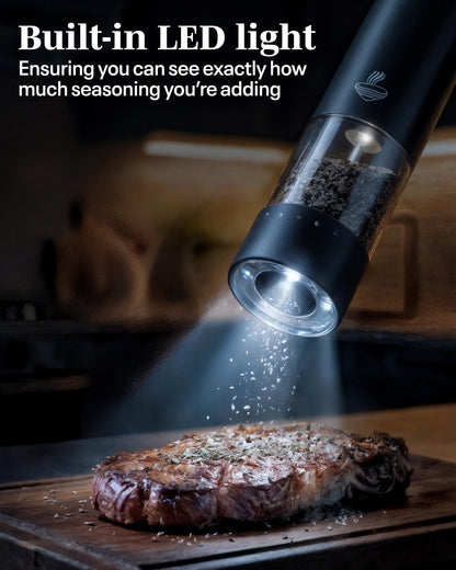 FLAVORAE Electric Salt and Pepper Grinder Set - Black 2 Pack Battery Operated Mills with 95ml Large Capacity, Adjustable Coarseness, Built-in LED Light, Automatic Salt & Pepper Shakers for Kitchen
