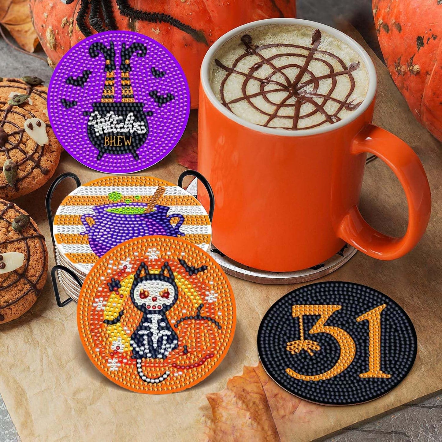 8 pcs 5D DIY Halloween Diamond Art Coasters with Holder for Adults Beginners, Home Office Table Decor,Halloween Diamond Coasters Gifts, Halloween Decorations,Skull Diamond Art Kits (QLBD-01)